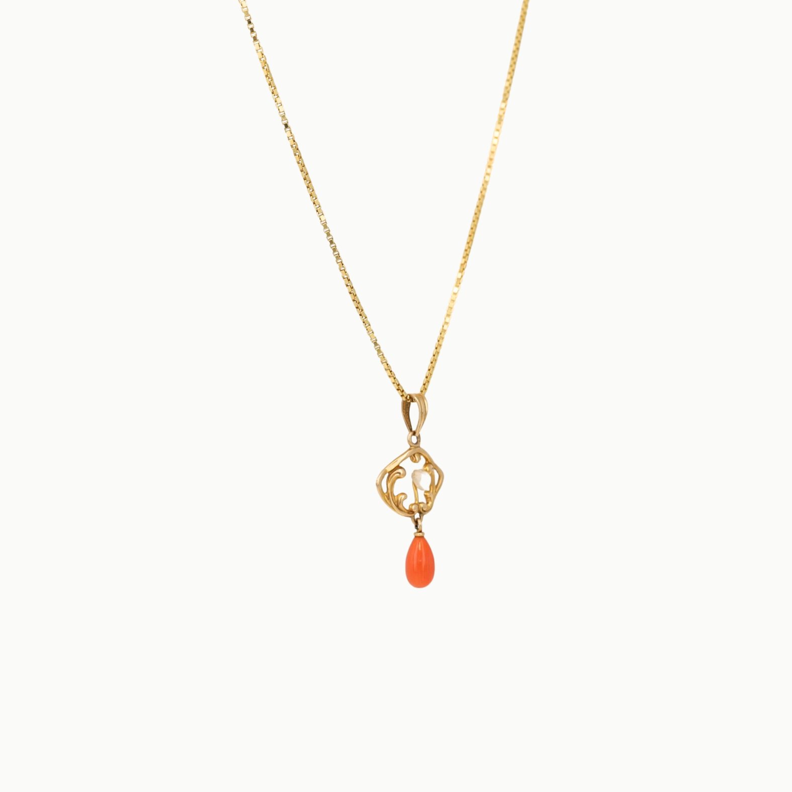 vintage estate 10k yellow gold mud pearl and coral filigree necklace pendant