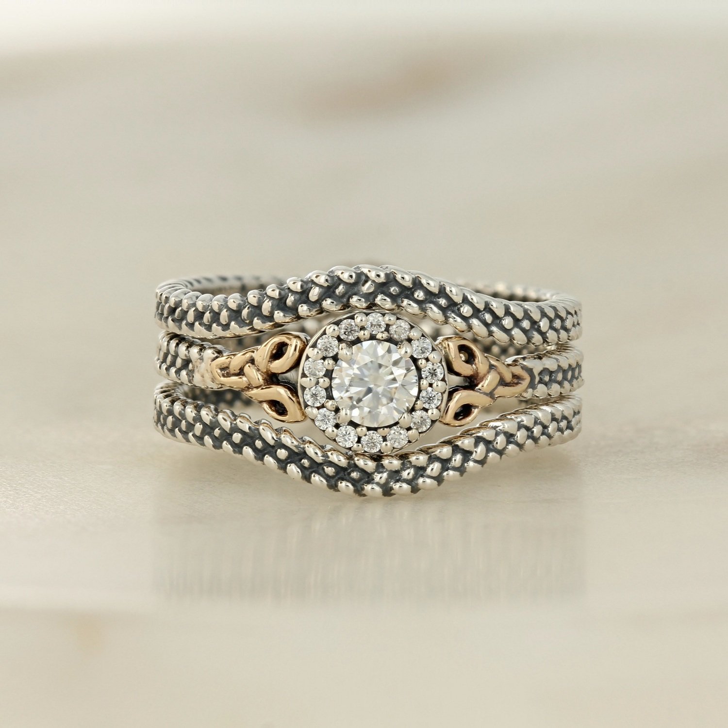 oxidized sterling silver 10k yellow gold moissanite trinity braided three ring contour band set