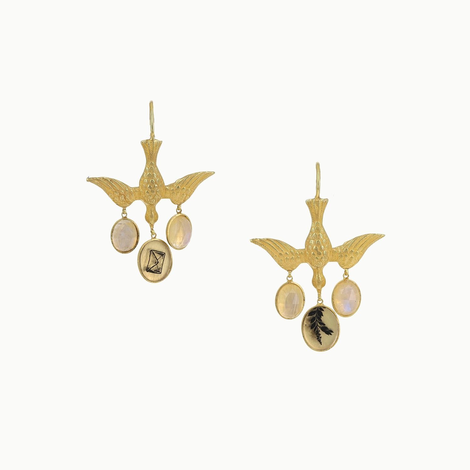 sterling silver 18k gold vermeil oval moonstone drawn peace dove dangle drop earrings