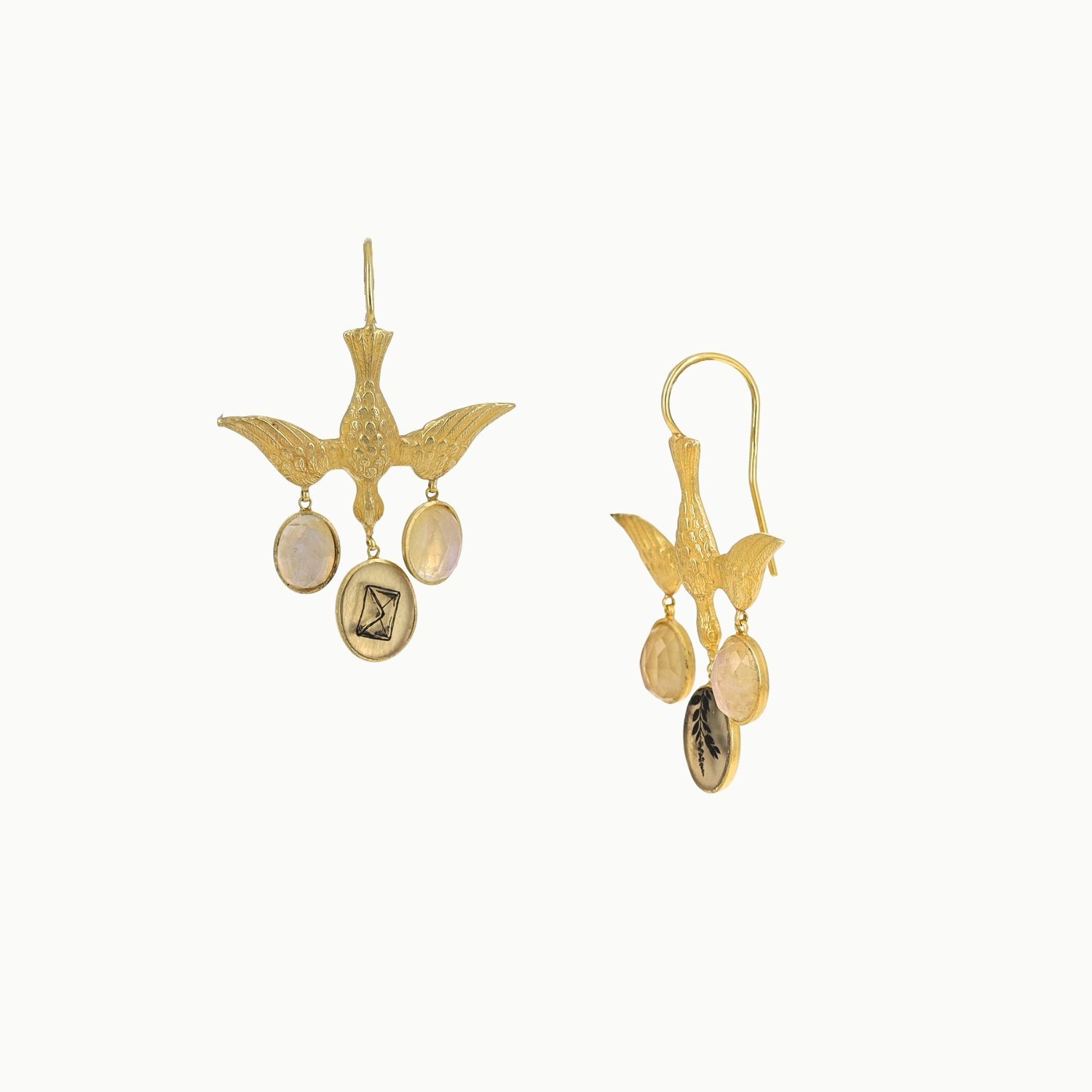 sterling silver 18k gold vermeil oval moonstone drawn peace dove dangle drop earrings