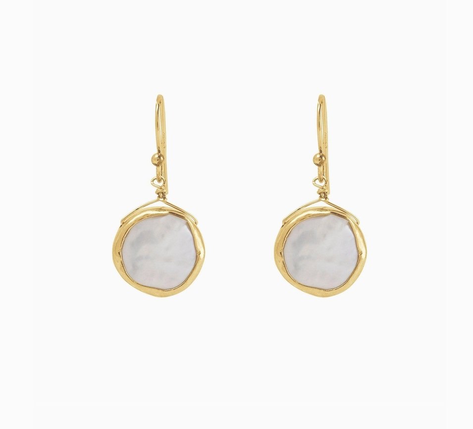 sterling gold vermeil bezel set baroque coin fresh water pearl drop earrings