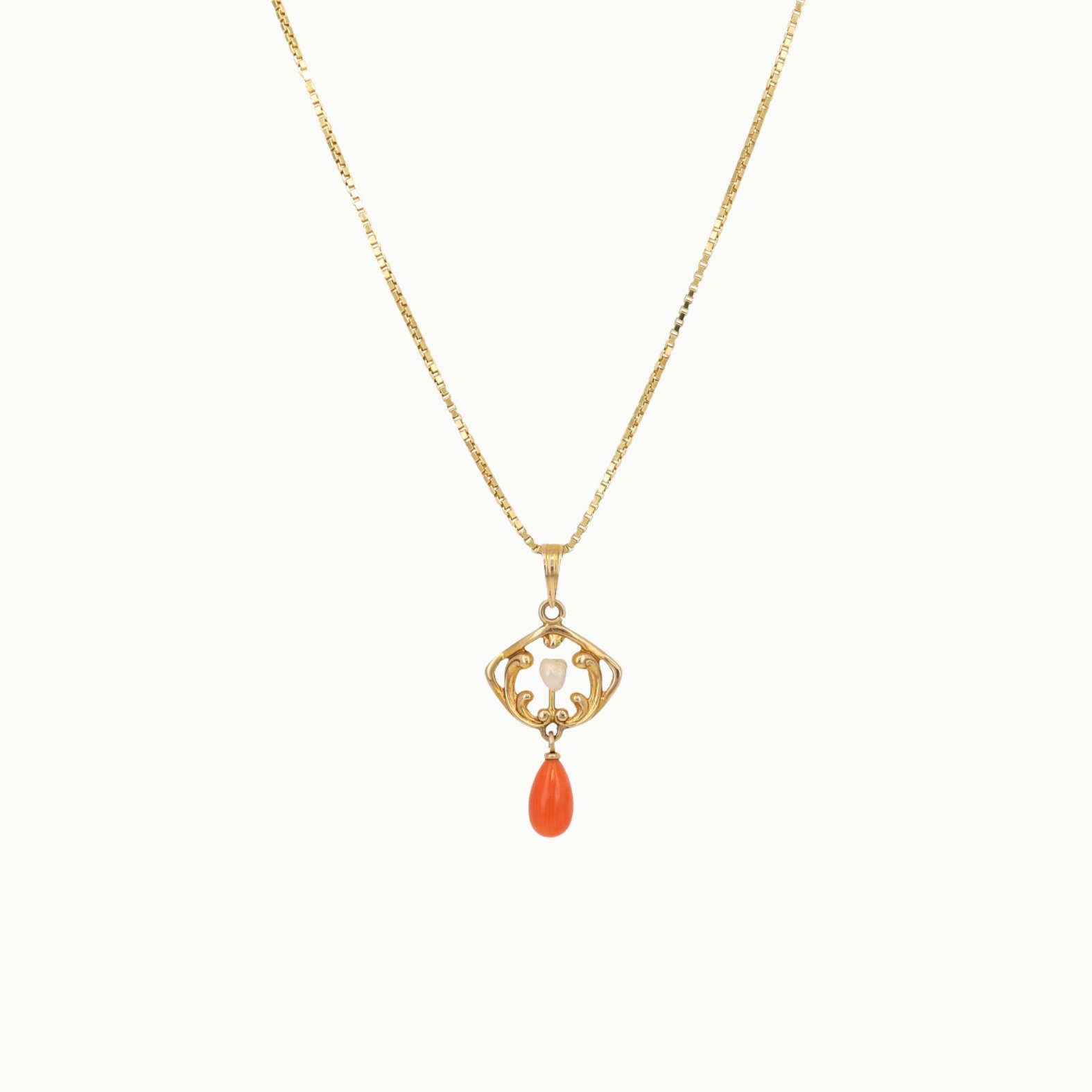 vintage estate 10k yellow gold mud pearl and coral filigree necklace pendant