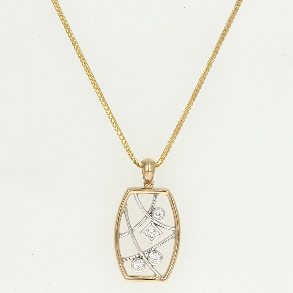 14k two tone yellow white gold diamond bamboo rectangle necklace pendant