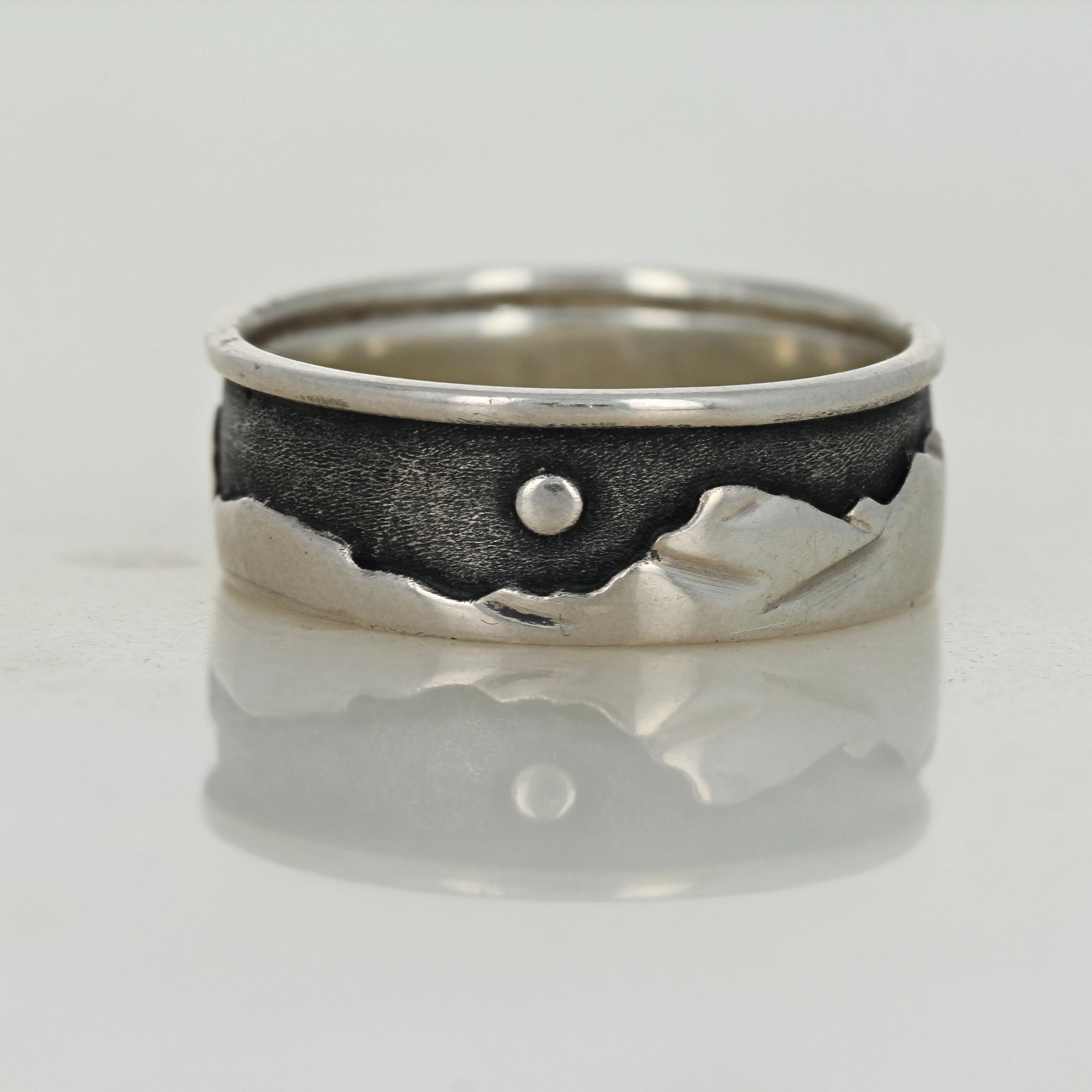 oxidized sterling silver mountain range landscape wide band ring
