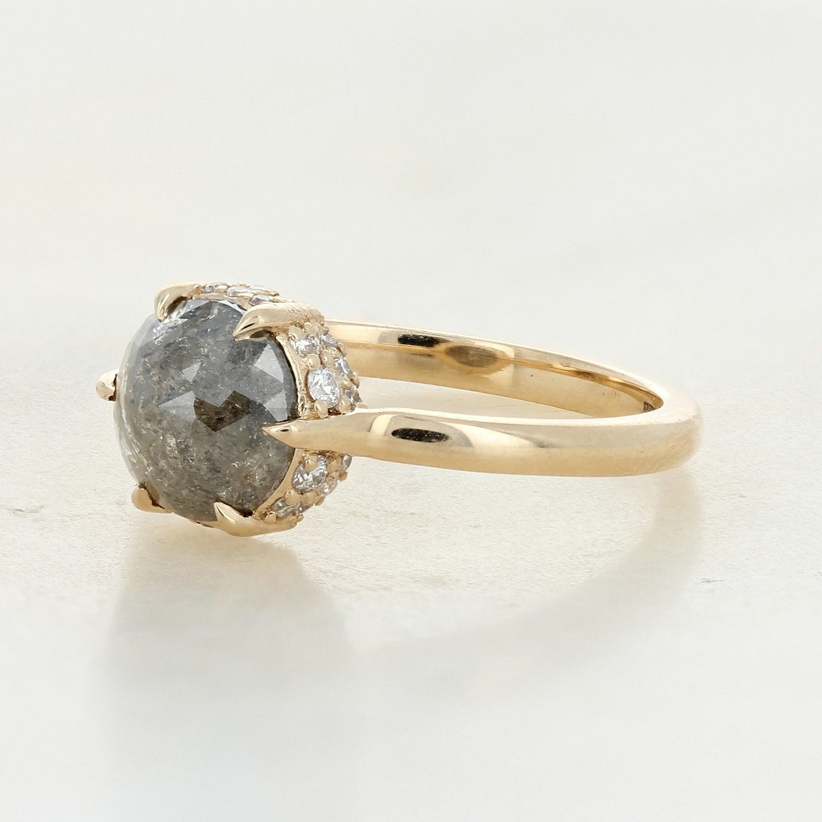 14k yellow gold salt and pepper icy diamond pillow pave hidden halo accented engagement ring
