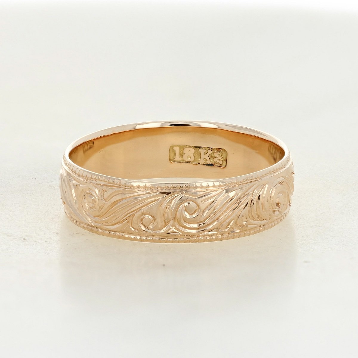 18k yellow gold 5.2mm wide hand engraved wedding band ring