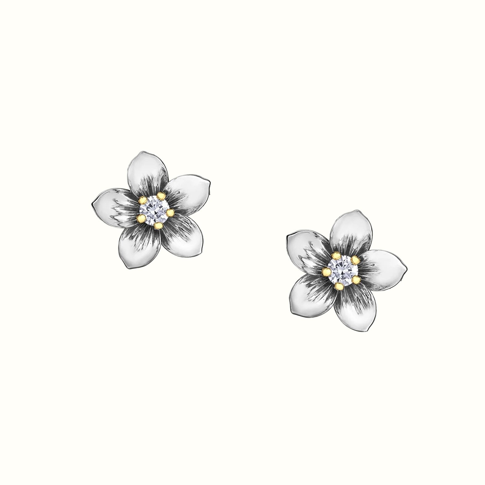 14k two tone white and yellow certified Canadian gold Canadian diamond Nova Scotia mayflower stud earrings