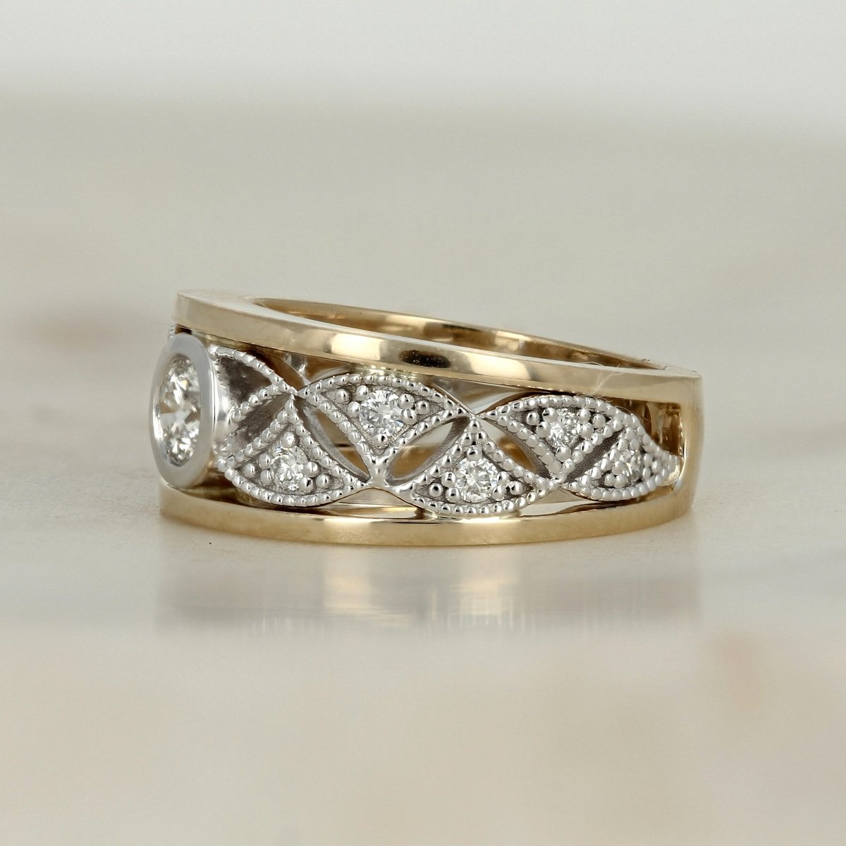 14k two tone yellow and white gold diamond gingko ring
