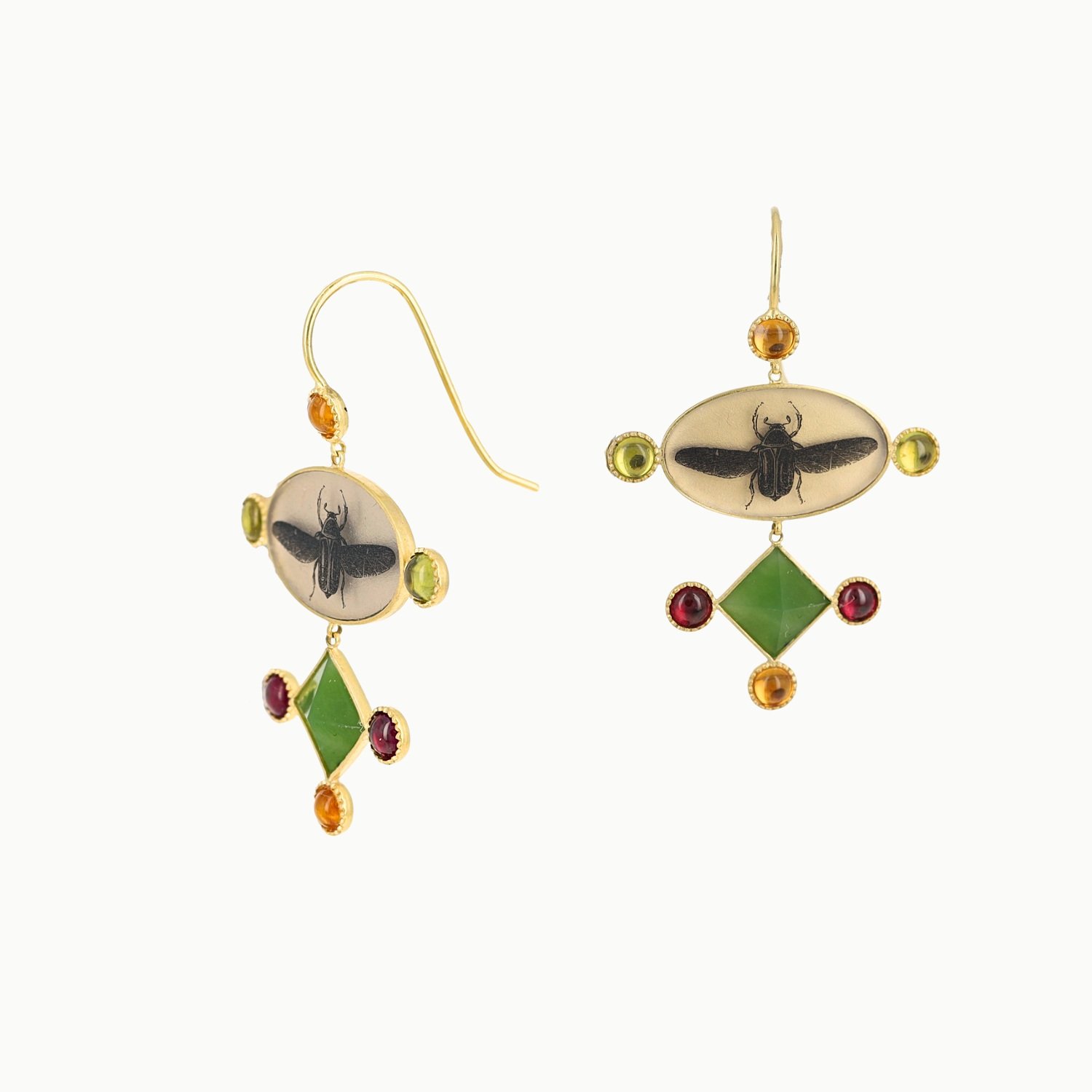 sterlingsilver 18k gold vermeil gold plate cabochon peridot garnet citrine hand drawn scarab drop dangle earrings