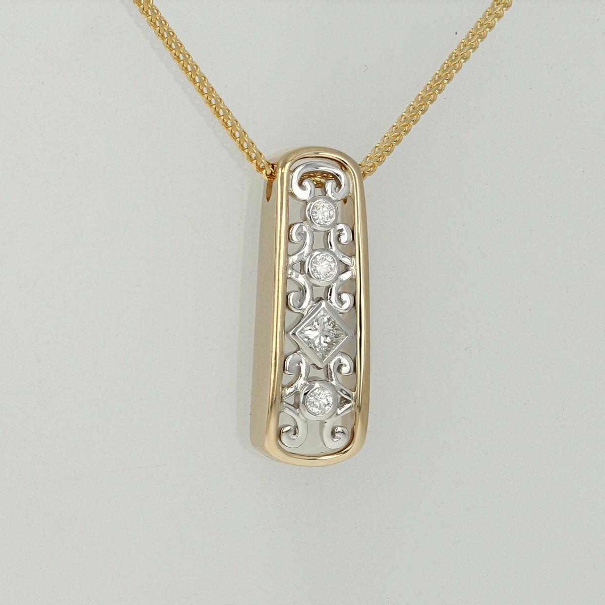 14k two tone yellow and white gold diamond filigree necklace pendant
