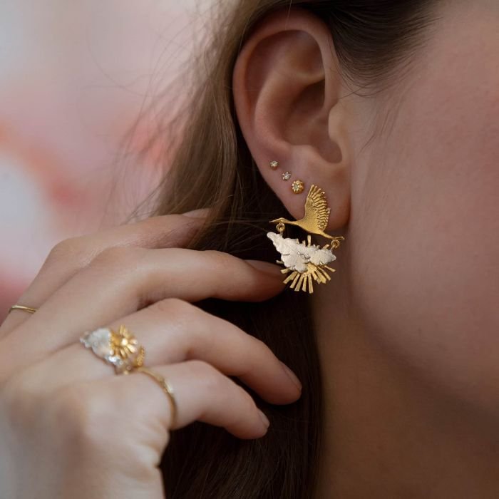 sterling gold plated two tone stork asymmetric sunrise sunset earrings alex monroe