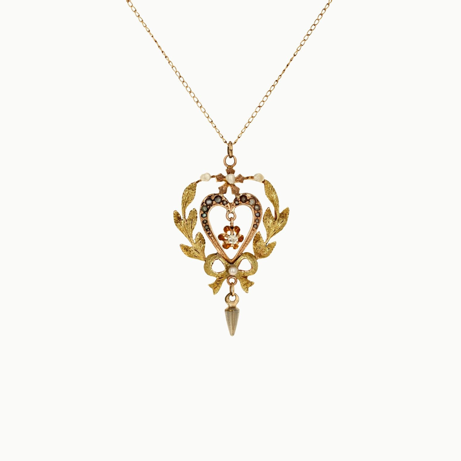 estate vintage 10k two tone yellow rose gold old European cut diamond seed pearl heart wreath bow pendant necklace