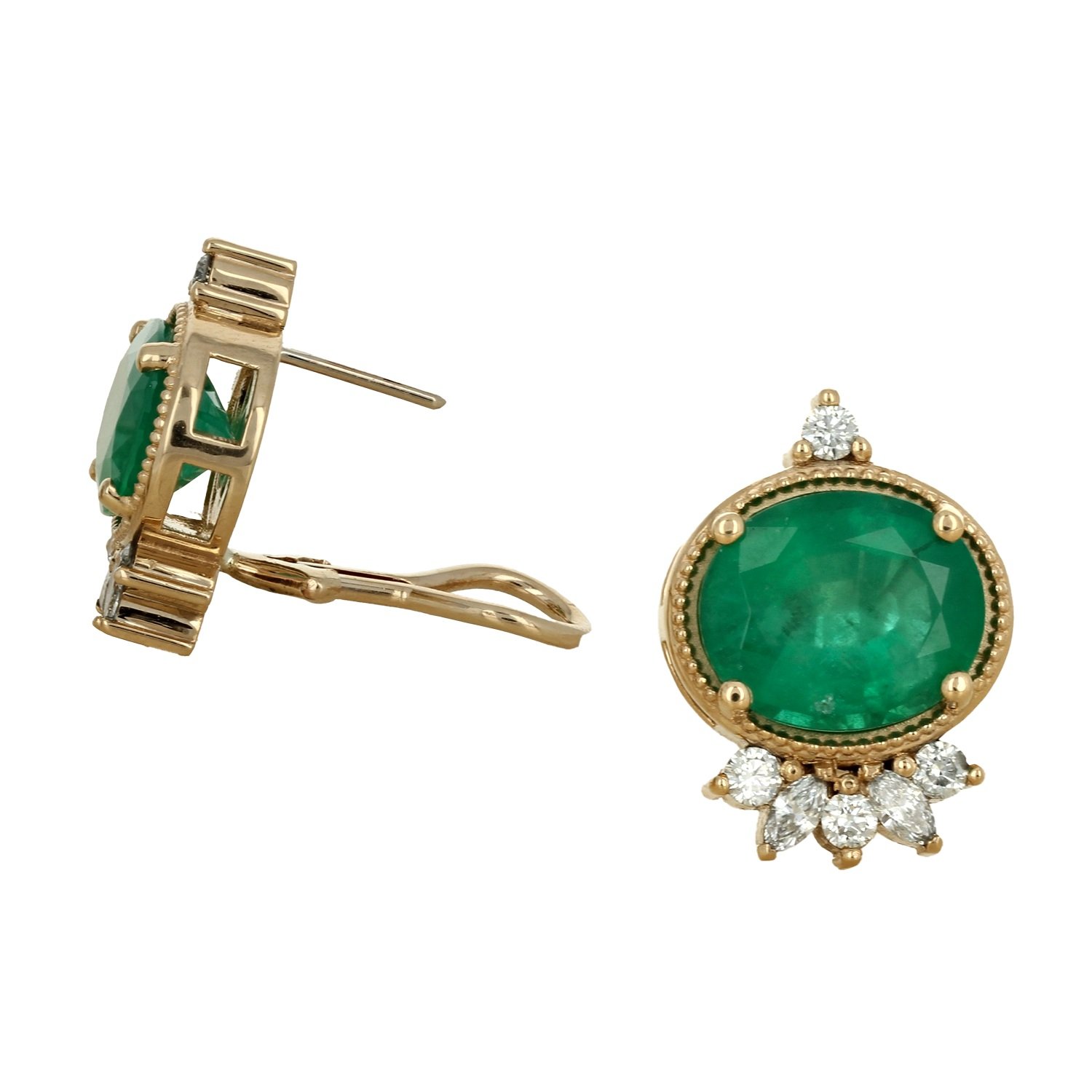 14k yellow gold oval emerald diamond accented stud omega lotus earrings