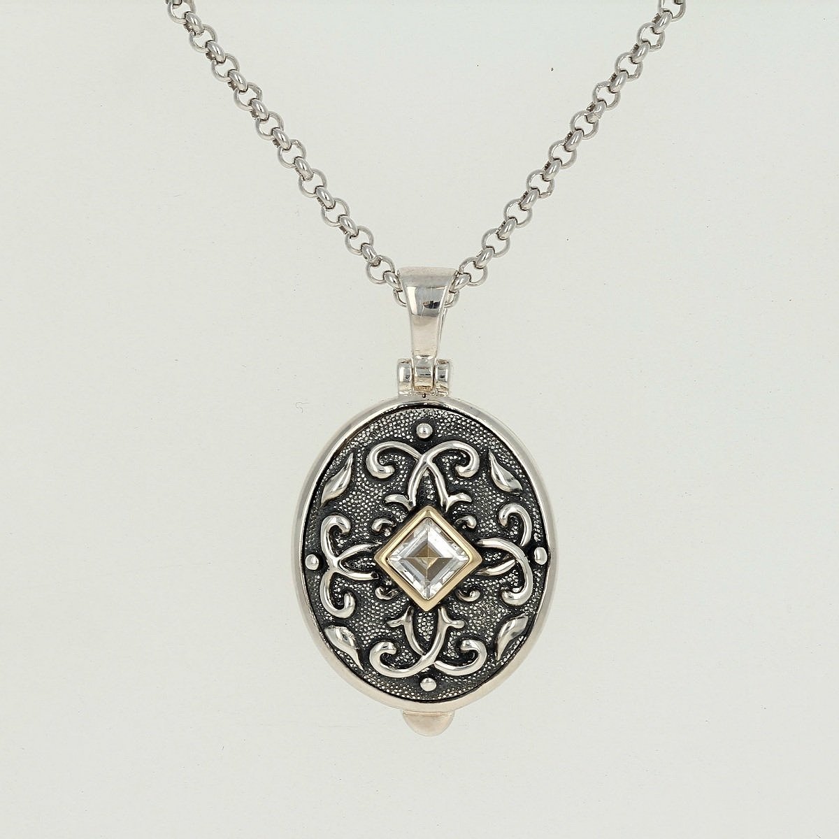oxidized sterling silver and 14k yellow gold white princess cut topaz locket pendant necklace
