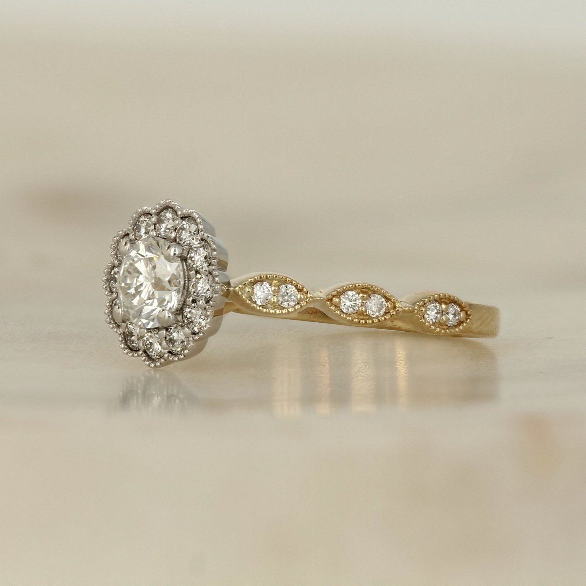 14k two tone yellow white gold scalloped halo engagement diamond ring