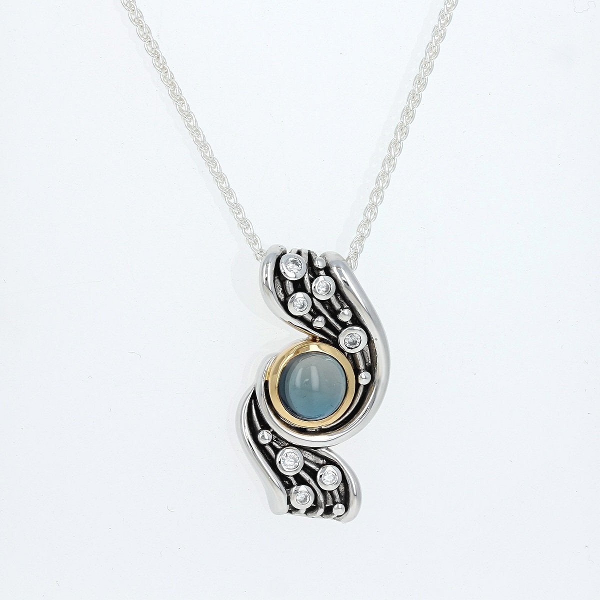 oxidized sterling silver yellow gold cabochon blue topaz accent cubic zirconia cz celestial wave pendant necklace
