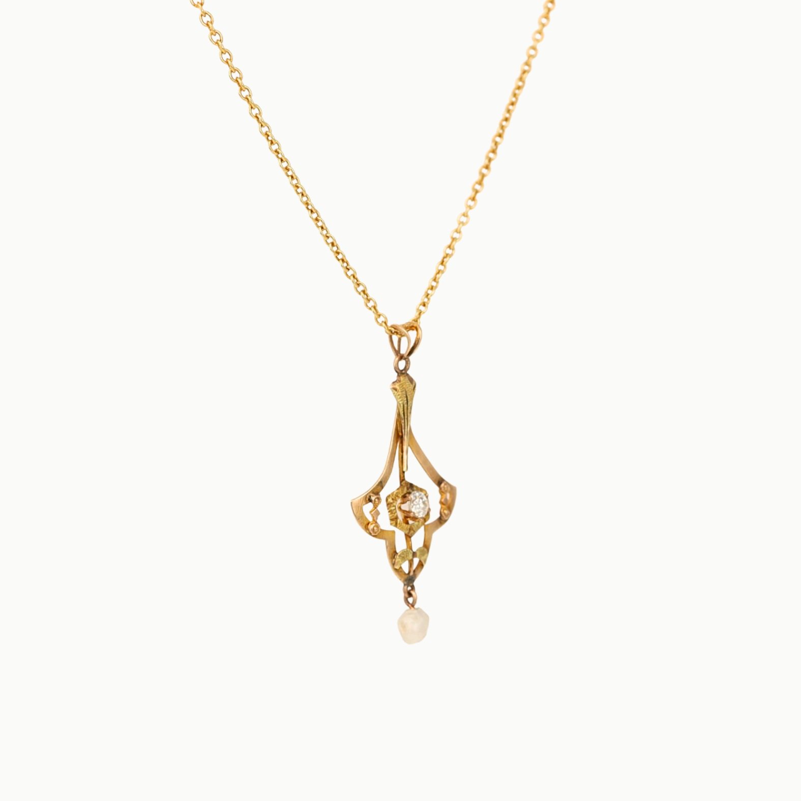 estate vintage 10k yellow gold old European cut diamond pearl sheilf filigree pendant necklace