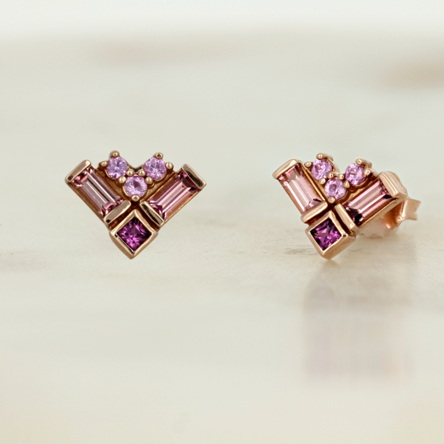 14k rose gold tourmaline sapphire rhodolite garnet pink gemstone cluster stud earrings