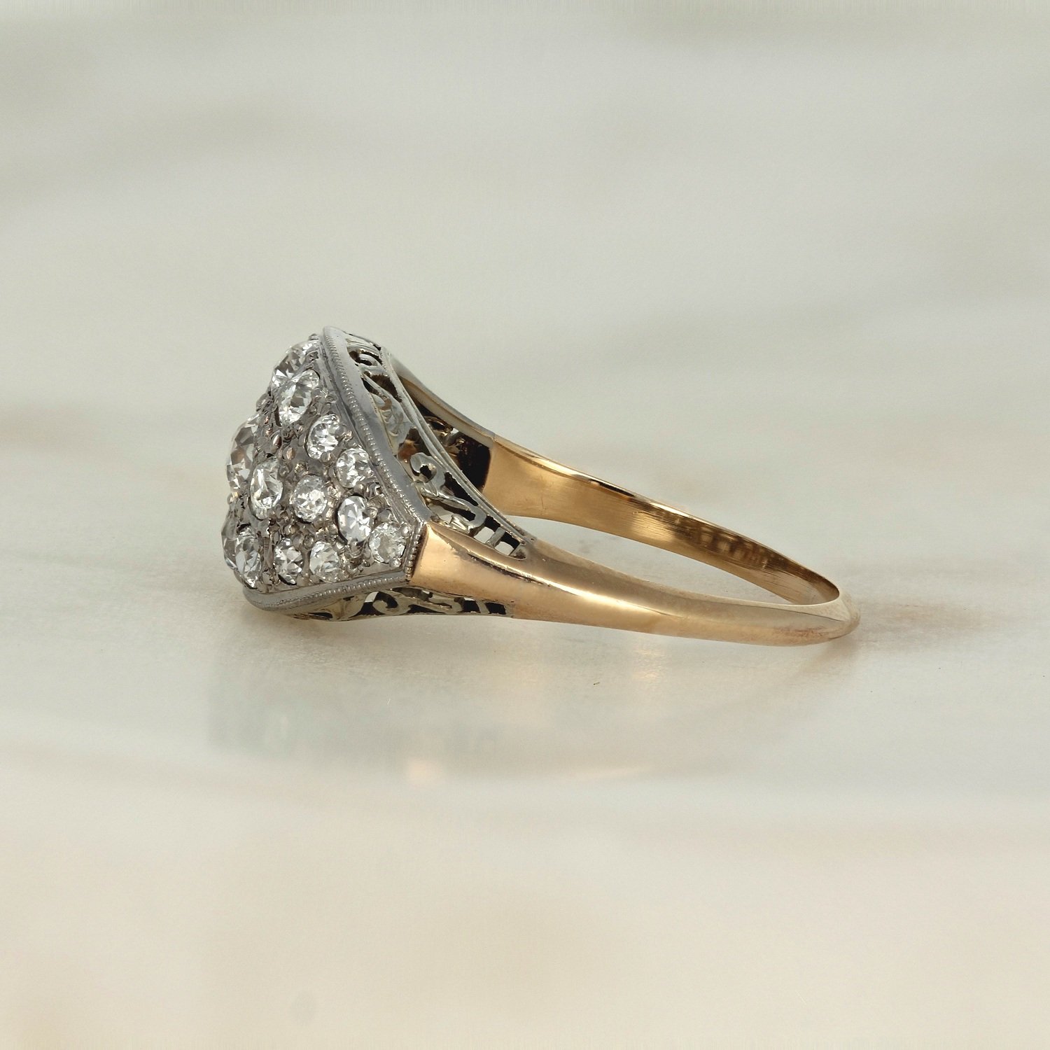 14k two tone yellow and white gold old European cut pave diamonds dome ring