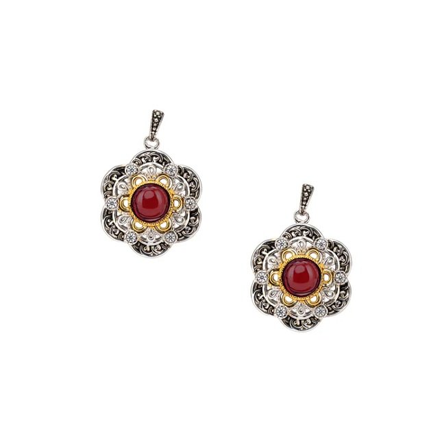 oxidized sterling silver and gold plate cabochon garnet cubic zirconia drop earrings