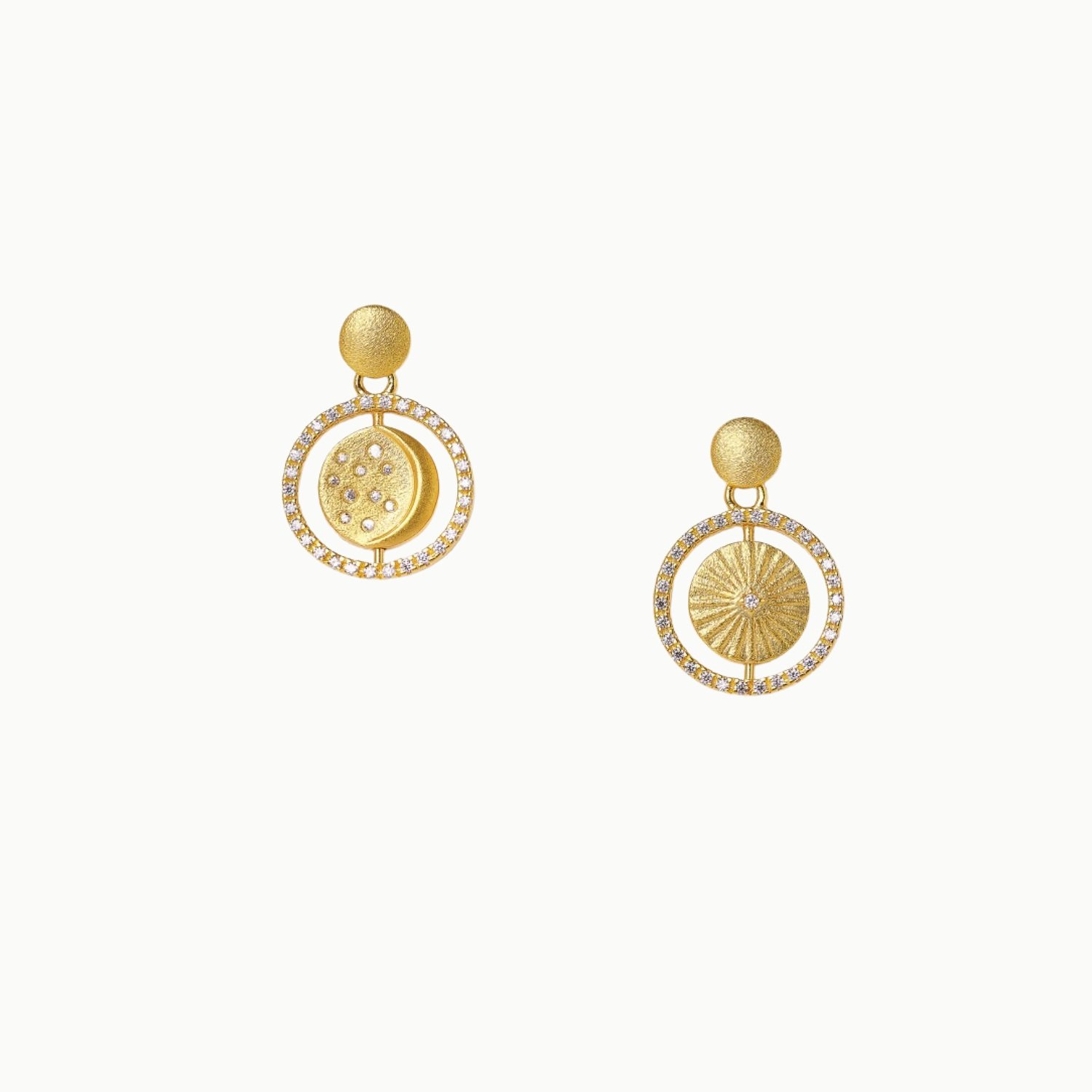 sterling silver gold plate cubic zirconia cz sun and moon reversible center stud drop earrings