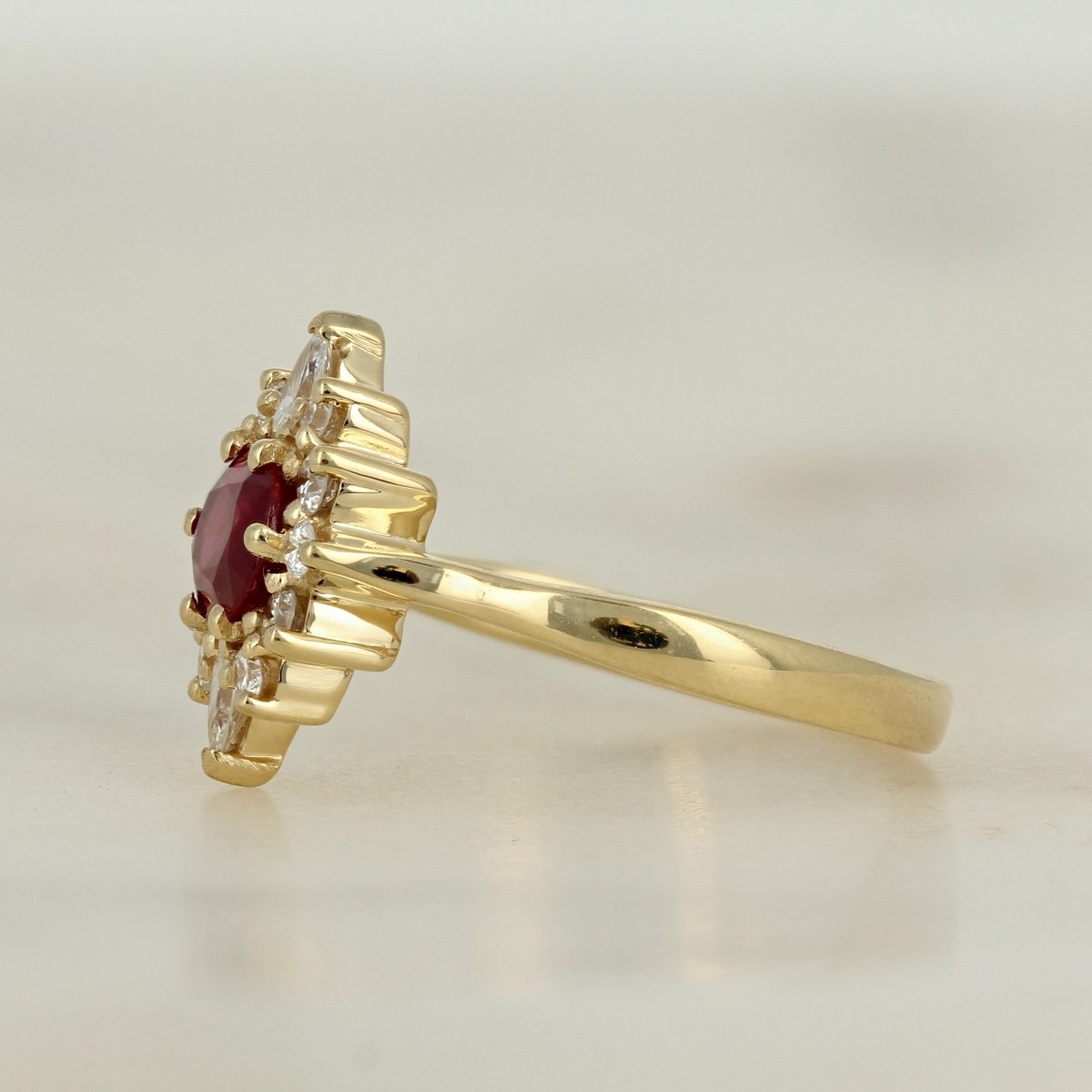 18k yellow gold oval ruby accent natural diamond halo engagement ring