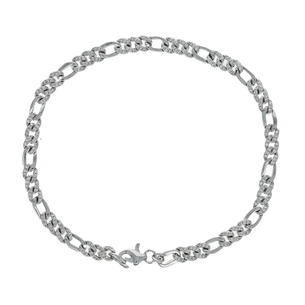 14k white gold diamond pave set figaro link bracelet