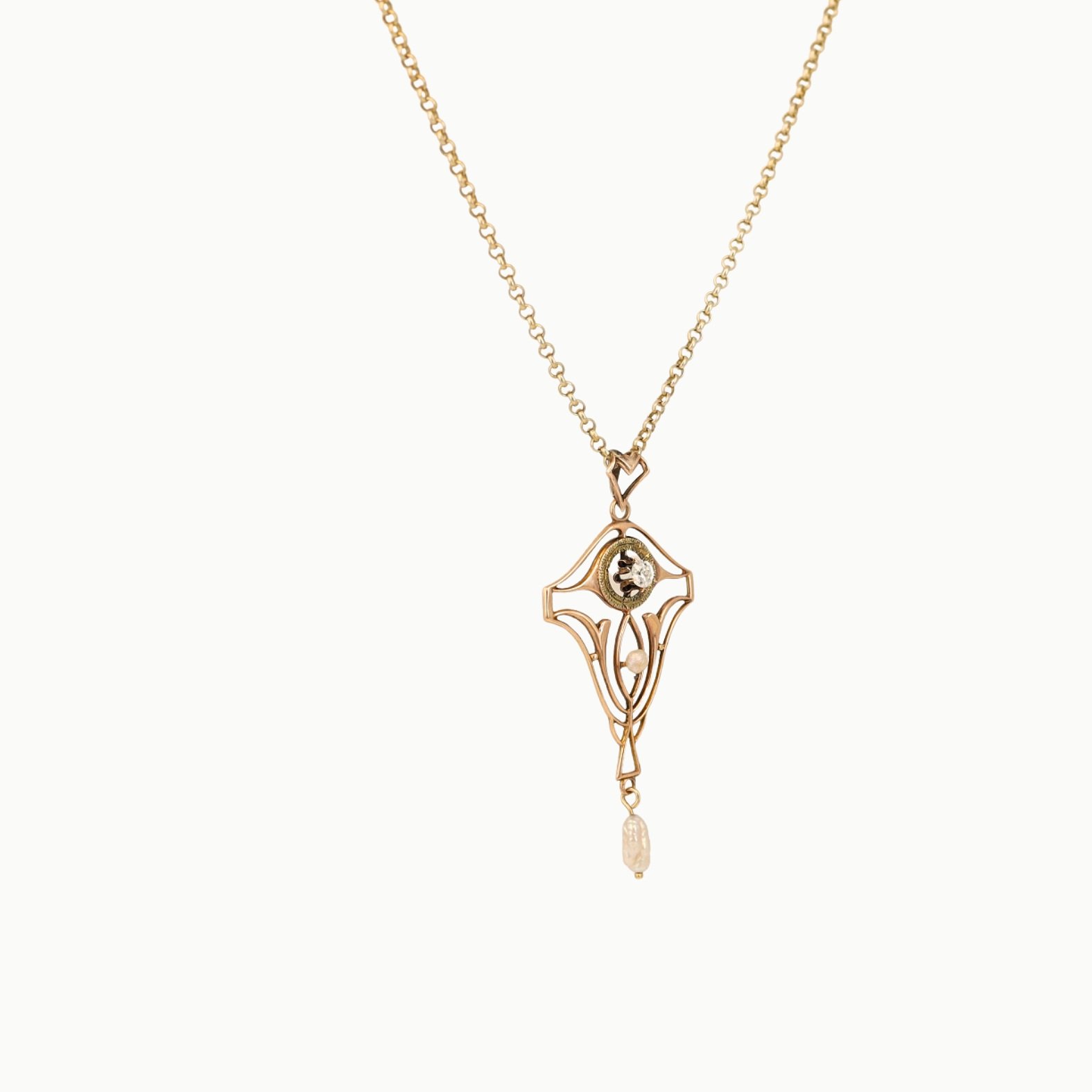 vintage estate 14k yellow gold diamond mud pearl filigree pendant necklace