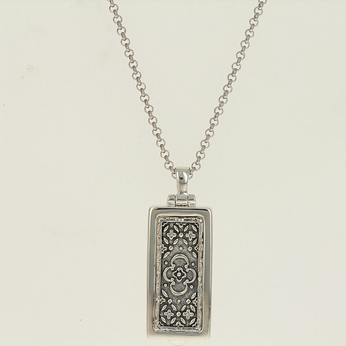 oxidized sterling silver floral engraved rectangle locket pendant necklace