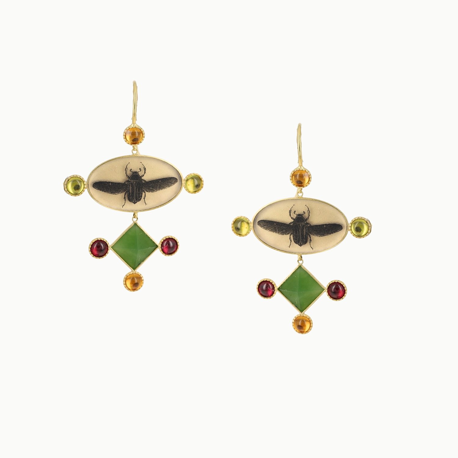 sterlingsilver 18k gold vermeil gold plate cabochon peridot garnet citrine hand drawn scarab drop dangle earrings