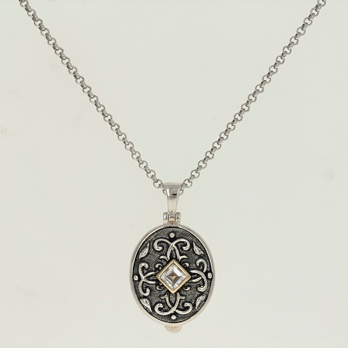 oxidized sterling silver and 14k yellow gold white princess cut topaz locket pendant necklace