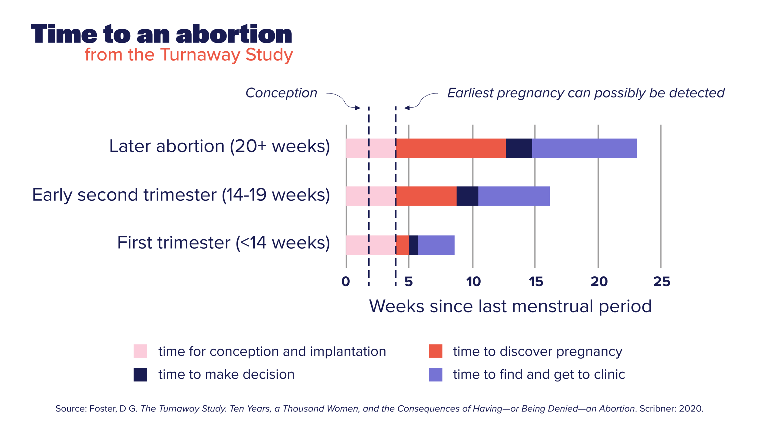 Bar graph that reads: Time to an Abortion from the Turnaway Study. The graph illustrates that people seeking a  later abortion (20+ weeks) generally discover their pregnancy much later (average 12 weeks) than people seeking a first trimester abortio…