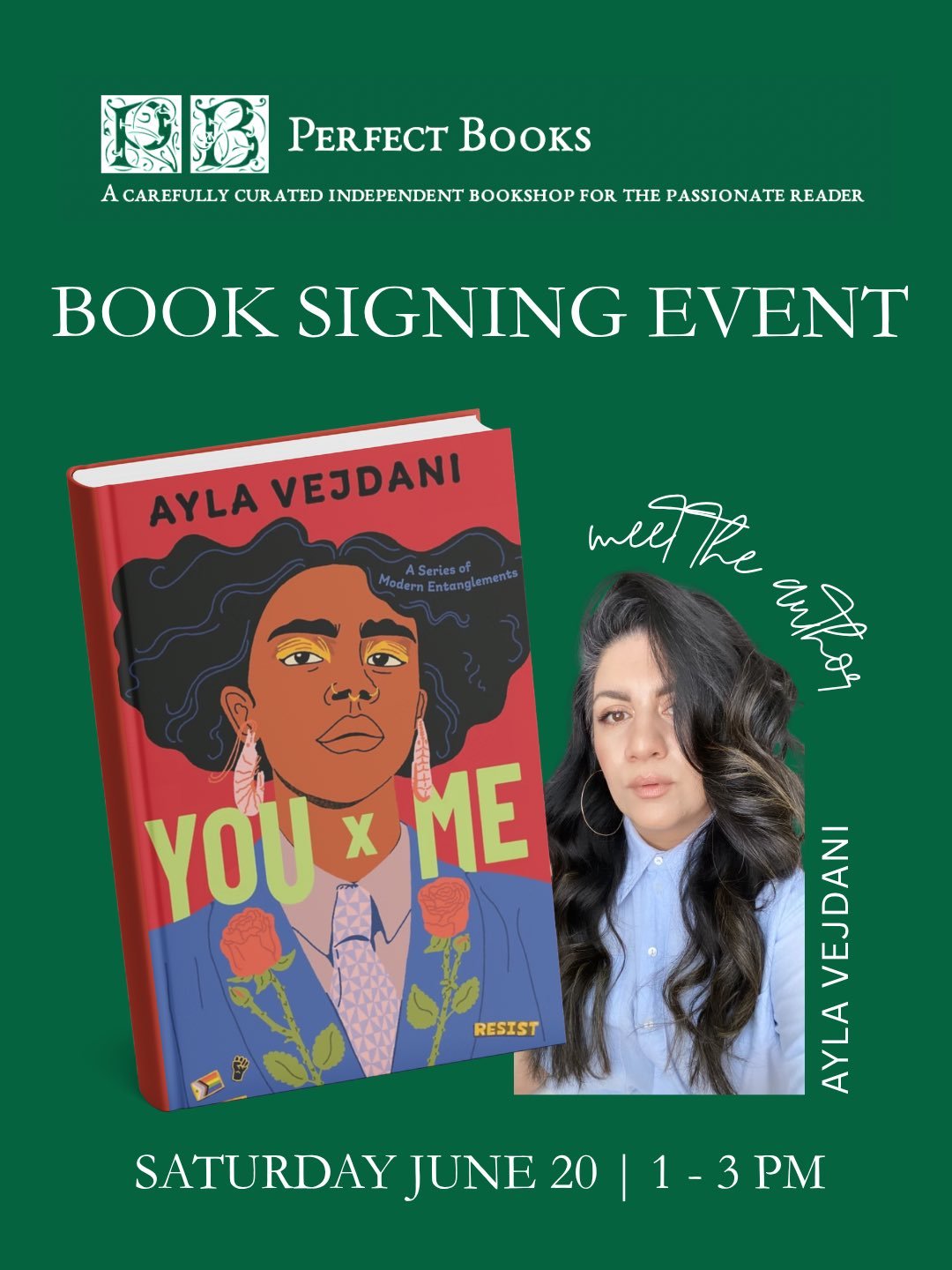 Join Ayla Vejdani for a book signing for her debut novel, YOU X ME @perfectbooksottawa 

✍🏼 Saturday June 20, 1-3pm 
@perfectbooksottawa 

&ldquo;You x Me is a remarkable kaleidoscope of the tangled and tender terrain of human relationships. With nu