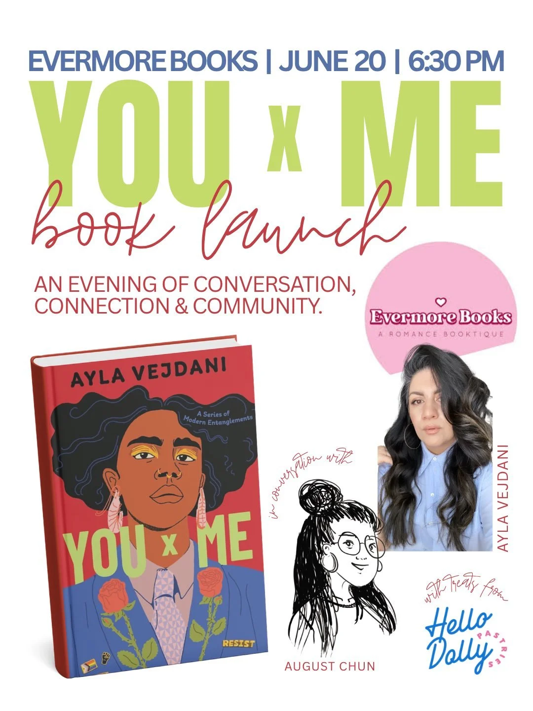 Ottawa, see you on June 20 @evermore.booktique.

Join us at Evermore Books on June 20 at 6:30pm for an evening of conversation, connection and community celebrating the launch of: 🌹 YOU x ME 🌹.

YOU x ME author Ayla Vejdani will be in conversation 