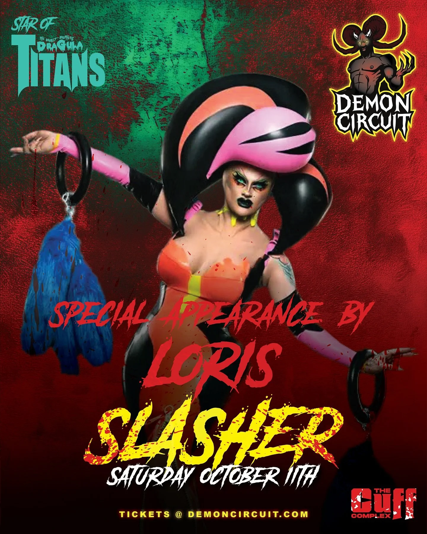 From the depths of @bouletbrothersdragula Titans season 2, we conjure @lorislatex as our Demon of Honor and Special Guest- a creature too fierce for the mortal realm! 👻 They&rsquo;ll stalk the party with devilish charm, luring you into soul contract