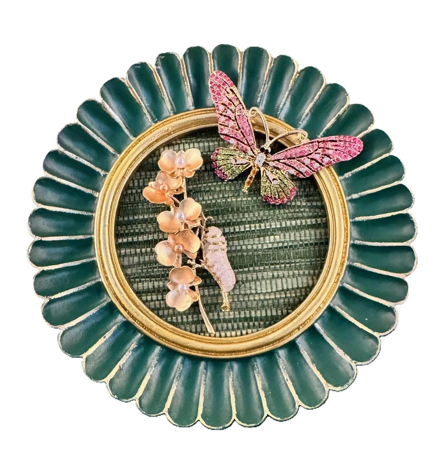 Chrysalis, round green frame, $65