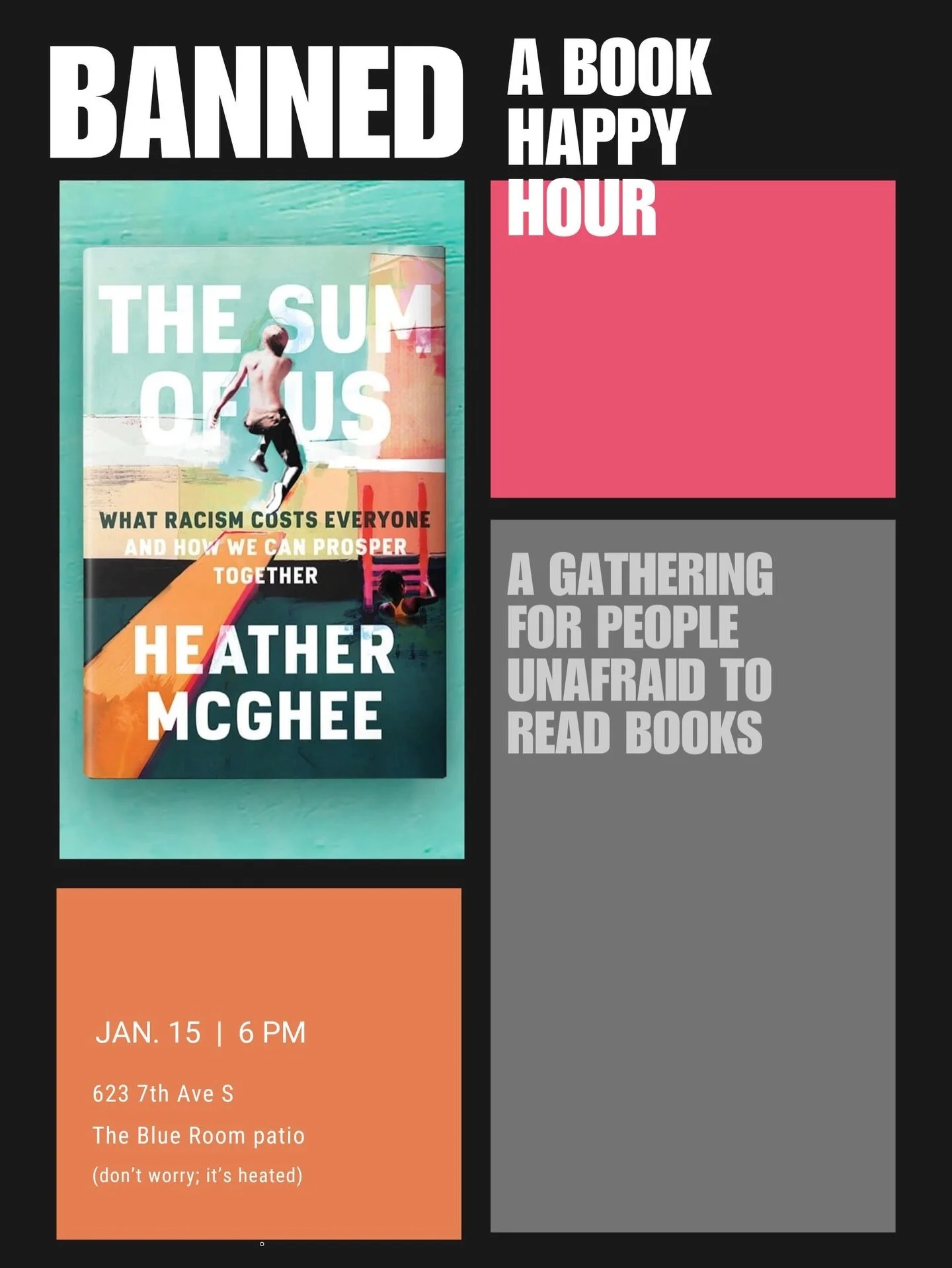 TONIGHT 1/15 FREE @theblueroomnashville The Banned Book Happy hour will be discussing The Sum of Us by Heather McGhee
 
First time joining us?
We cannot wait to see you. If you have not read the book, no worries. Please still join us. It&rsquo;s a gr