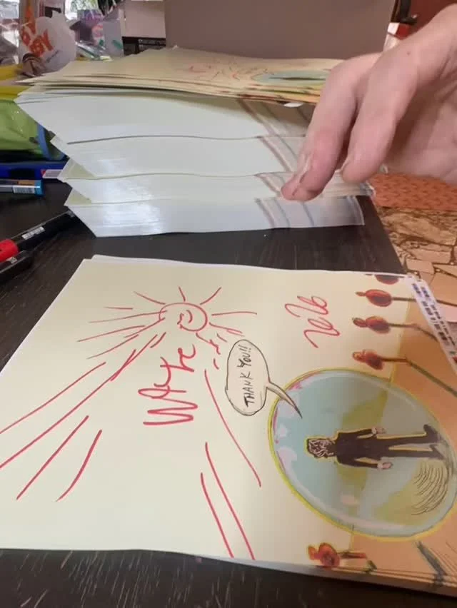 @waynecoyne5 hard at work signing (and making a little extra art work for you!) the special edition of his graphic novel YOSHIMI BATTLES THE  PINK ROBOTS. All your pre-orders are on course to ship in the Fall as planned! (And just so everyone knows, 