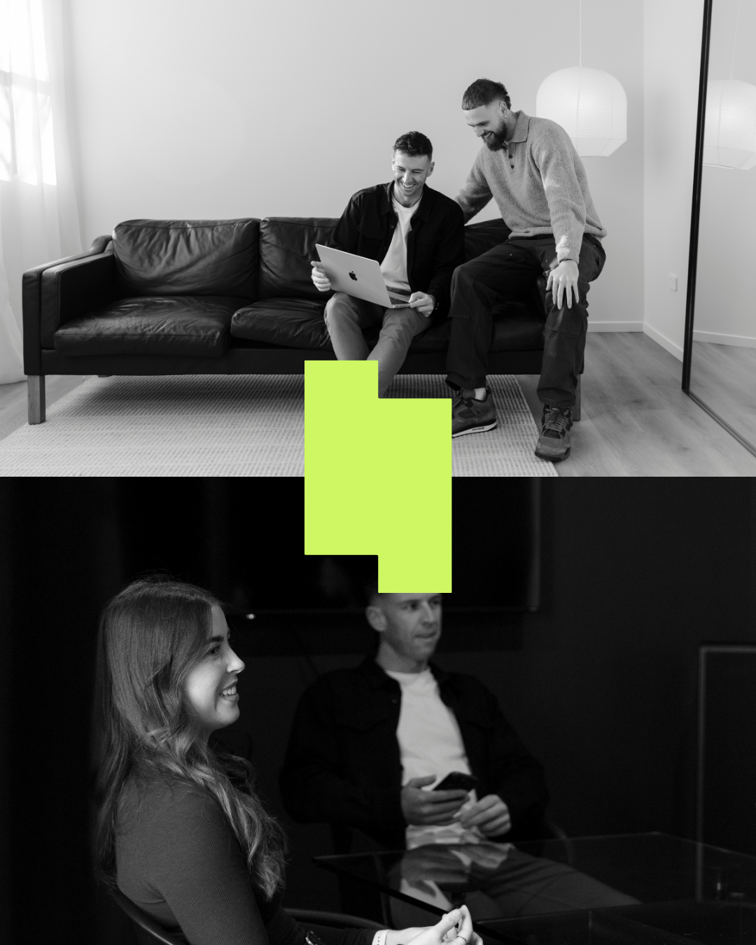 Two men in a modern living room, one sitting on a black leather sofa with a laptop and the other standing, sharing a moment of laughter. In a below section, a woman and a man sit in a dimly lit room, talking and smiling, with the man holding a smartphone.