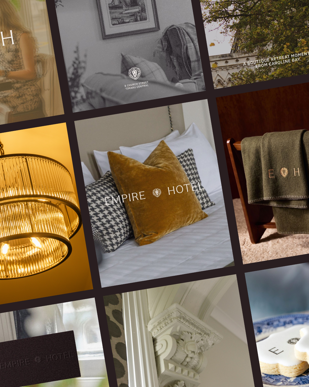 Collage of images of Empire Hotel social, including interior and exterior shots, bedroom with pillows, artwork, chandelier, and hotel branding. Designed by GEORGE DESIGN a branding specialist in New Zealand.