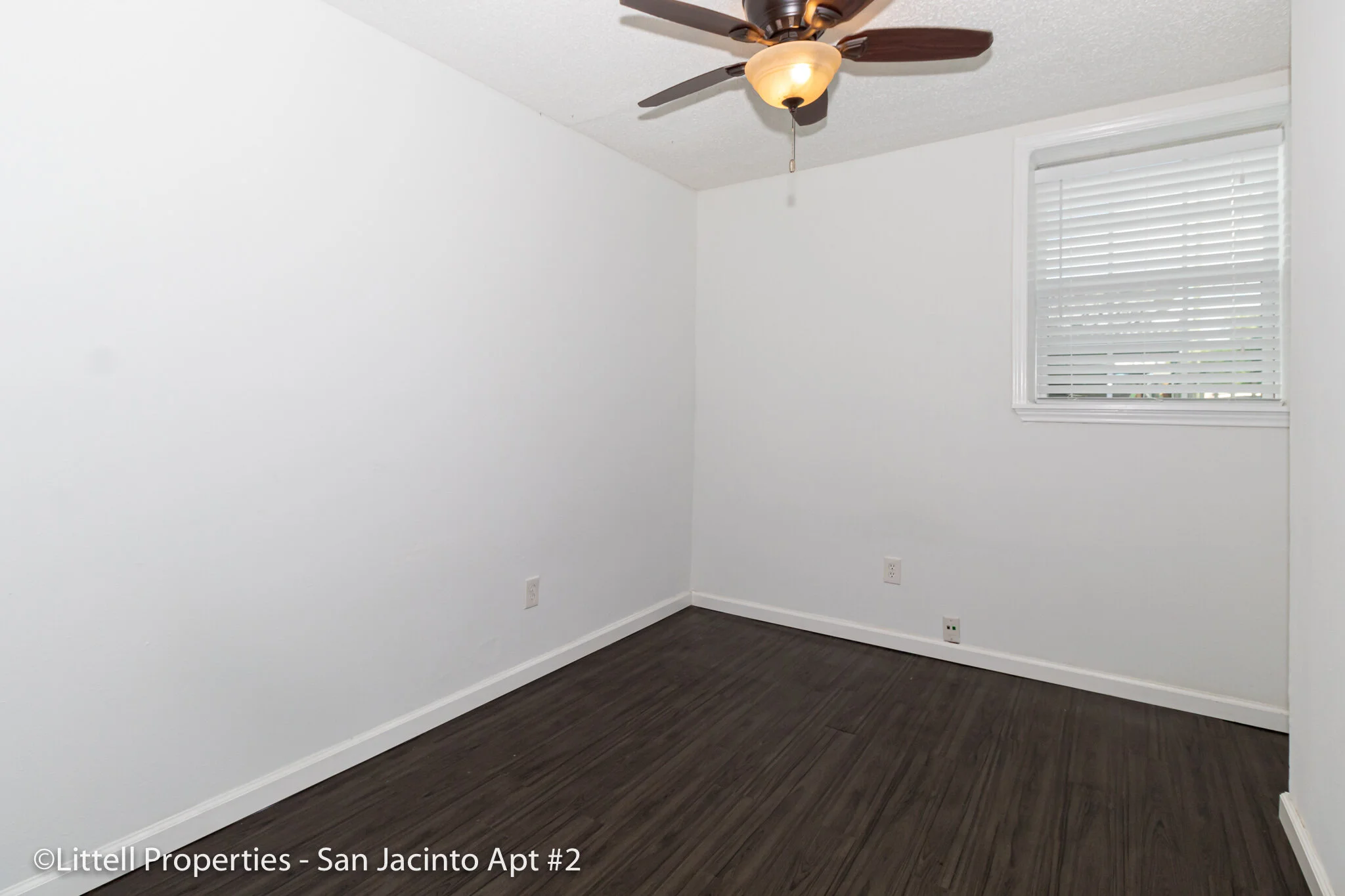 Bedroom 1: dark wood floors, ceiling fan, window