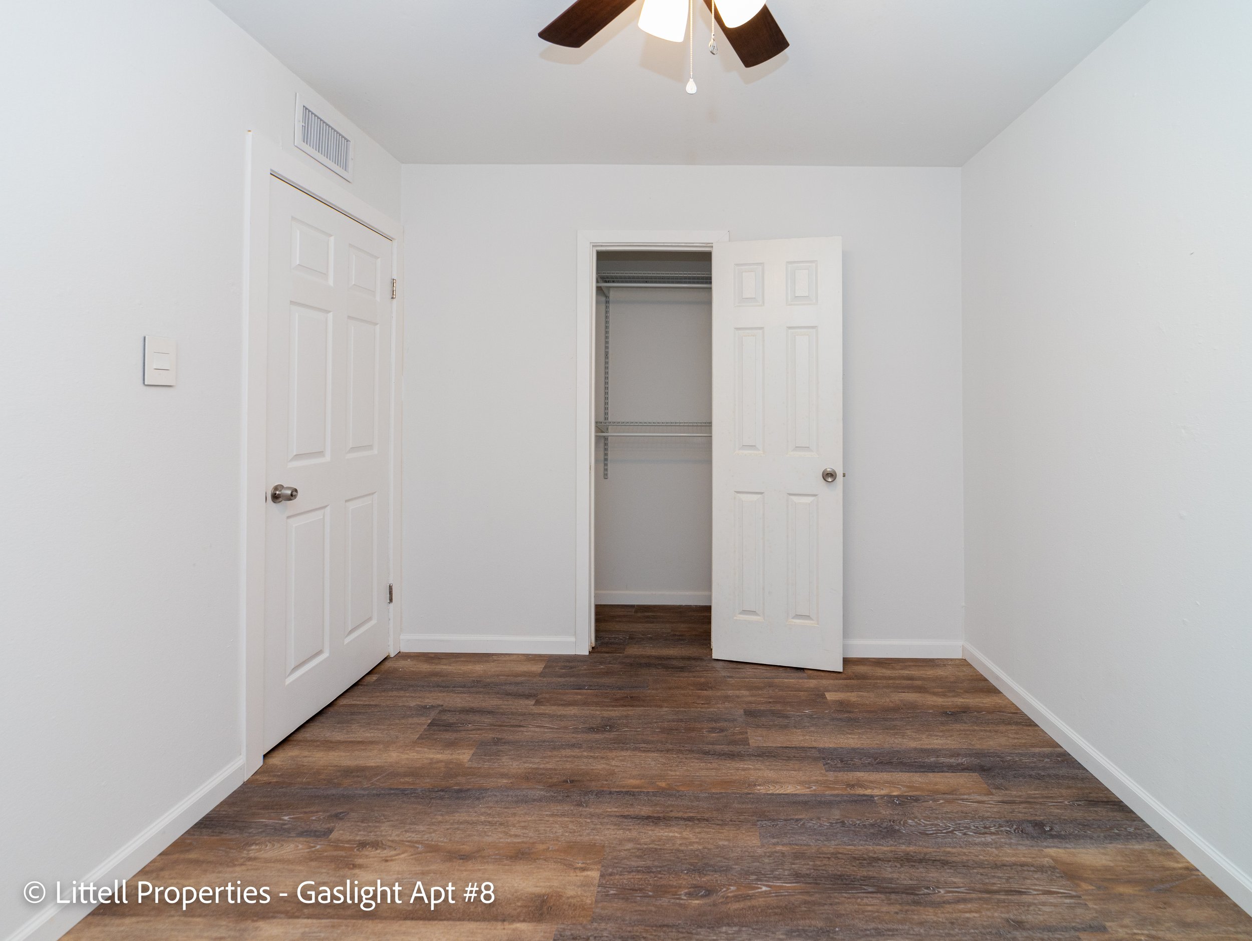  The closet comes with built in Rubbermaid shelving that is adjustable.  