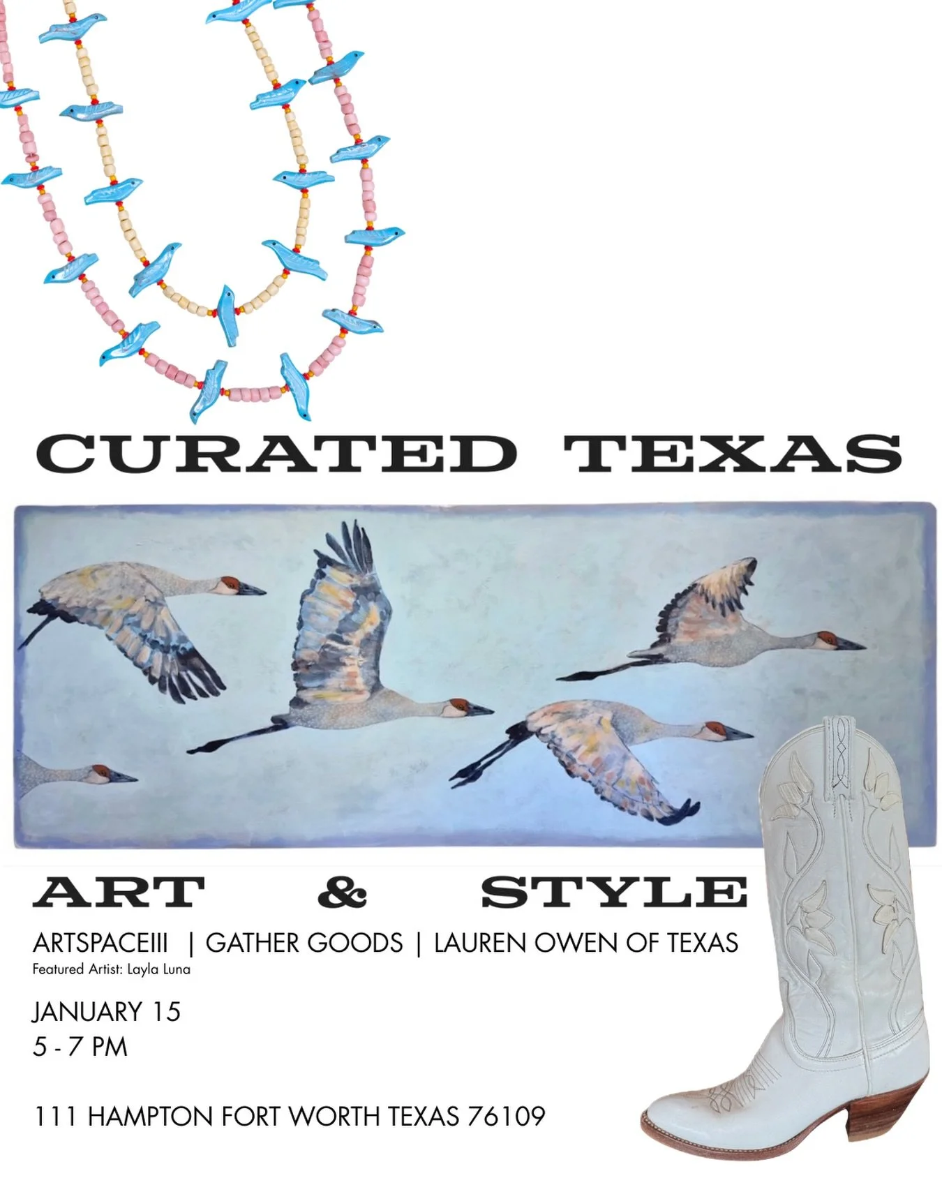 Join us this Thursday, January 15 for the opening reception of &ldquo;Curated Texas&rdquo;, Artspace111&rsquo;s newest exhibition featuring art, the iconic boots of Lauren Owen of Texas, and the beautiful jewelry of Gather Goods.

Featured artist: @l