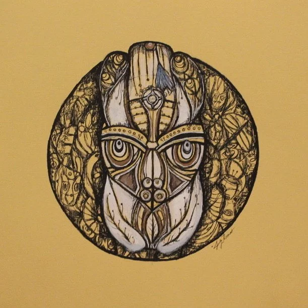 Abstract black and white owl art with intricate patterns on a yellow background.