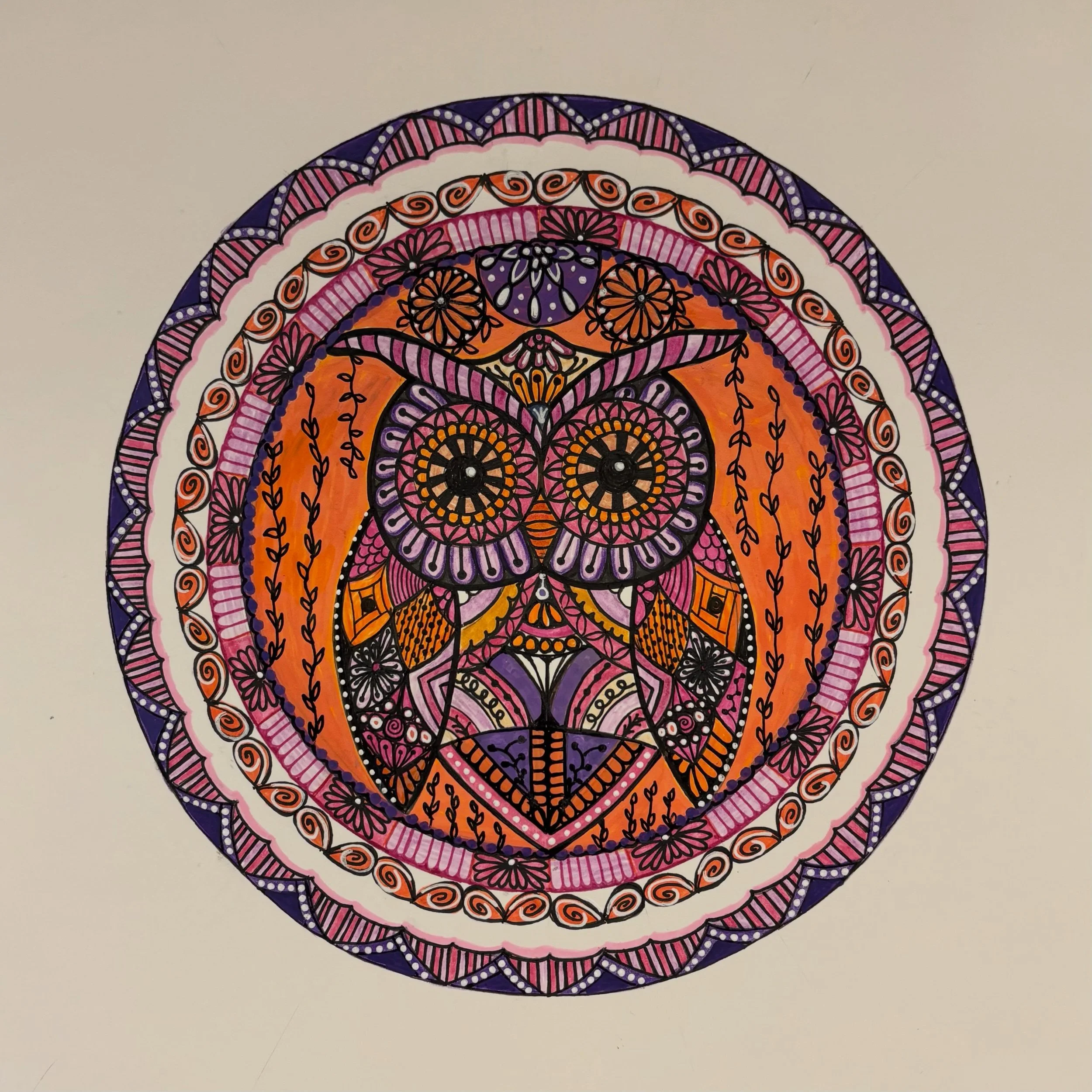 Good morning. I was working on this #OwlMandala the other night and oddly enough a very large owl appeared on our front lawn. We have a lot of owls in Durham. You can often hear them at night time. #AniMandala #Femandala #InstaMandala #MandalaArt