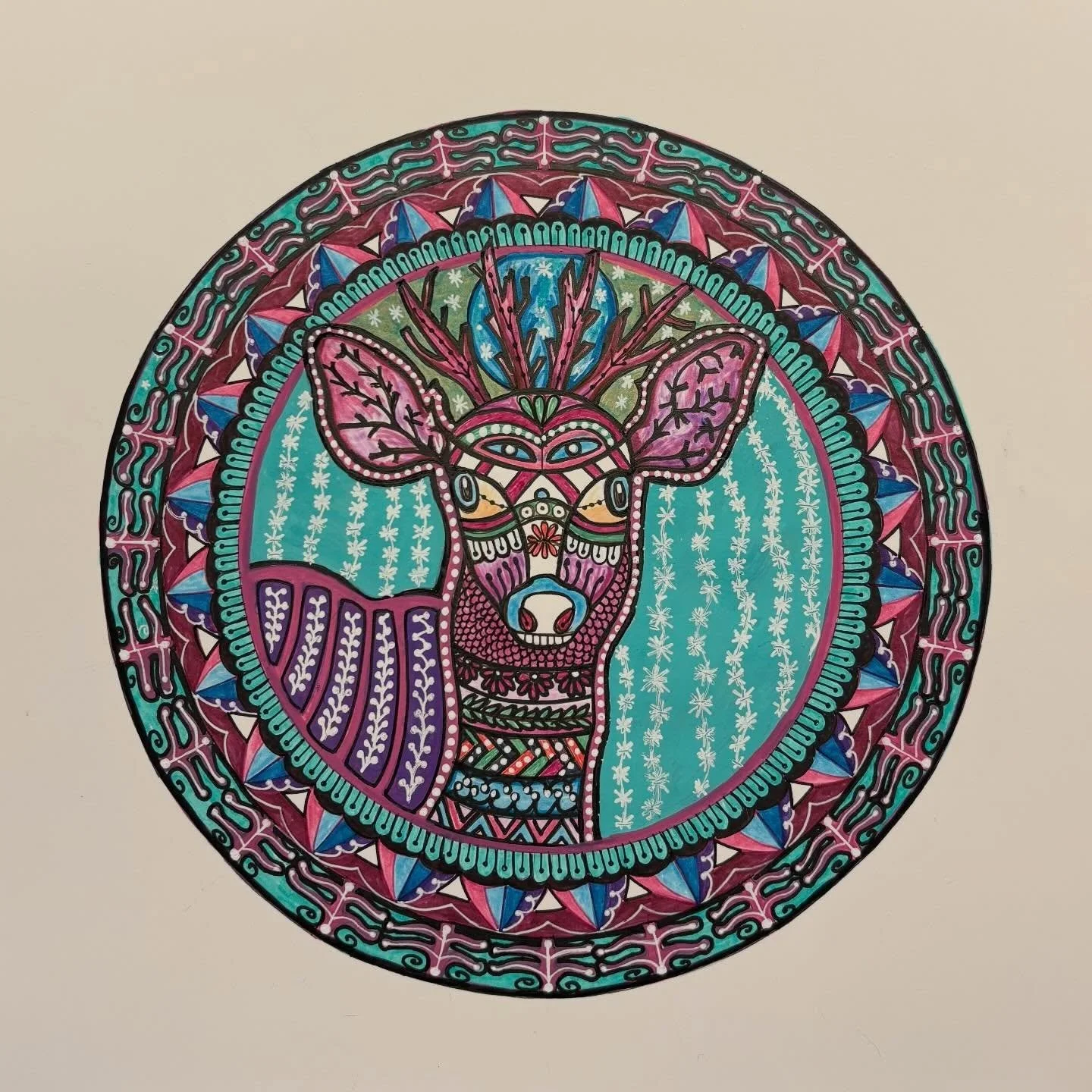 Sharing a #PsychedelicDeer. This started out more neutral but turned into more of a winter deer. We have lots of deer in our neighborhood and it always makes my day when I see one. Have a good night sleep everyone. #femandala #DeerMandala #AniMandala