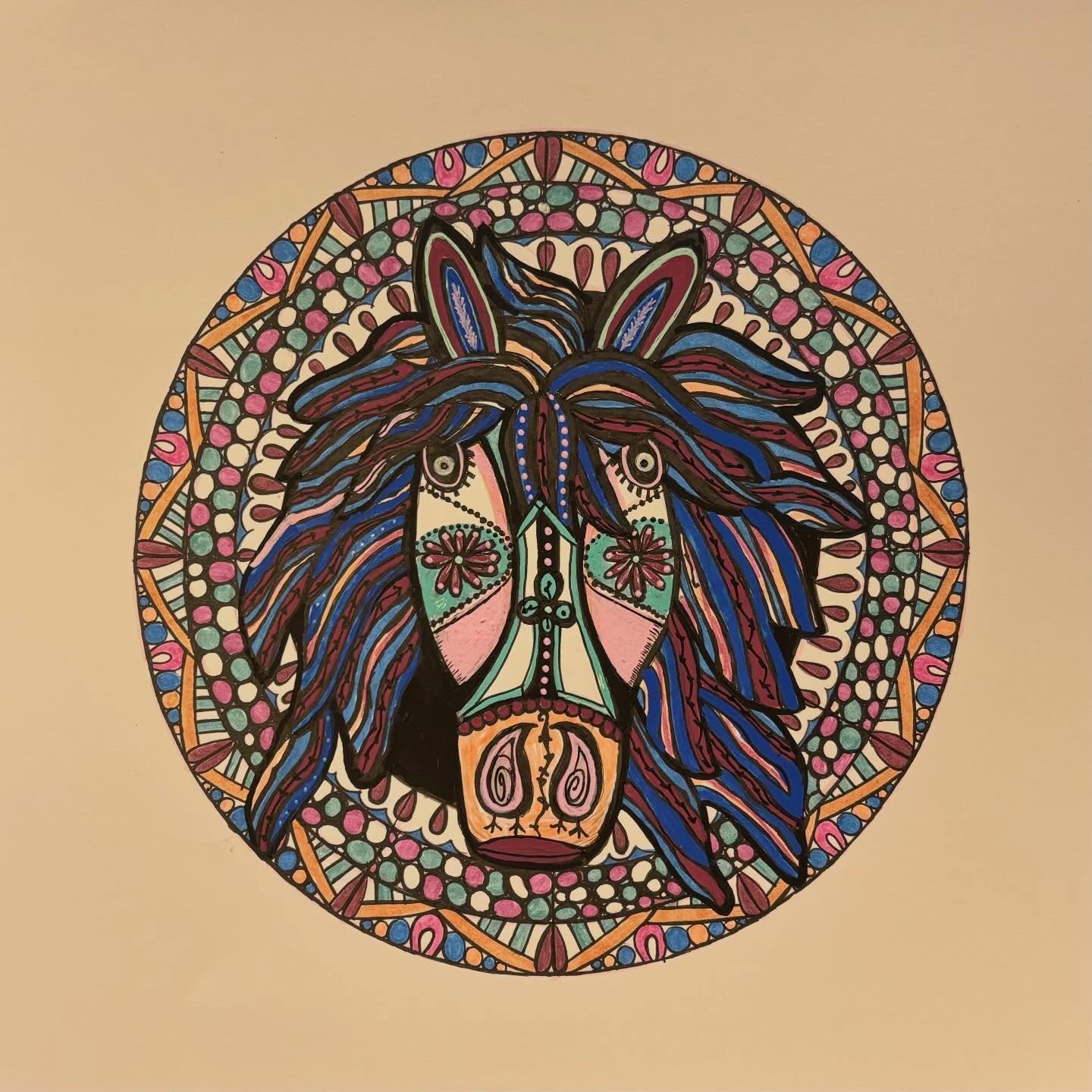 I think horses are so pretty so I draw them a lot. I found this one in a box and cleaned her up a little bit. She's one of those women with blue hair. :) #HorseMandala #InstaMandala #DailyMandala #femandala #AniMandalaArt