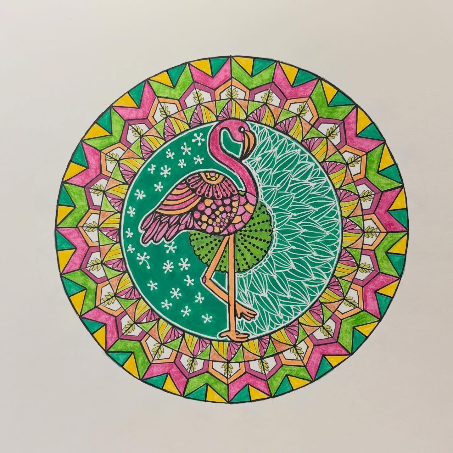 This #FlamingoMandala feels like spring time to me. I can't wait to do some spring and summer #AniMandalas. #femandala #FlamingoArt #OriginalMandalaArt