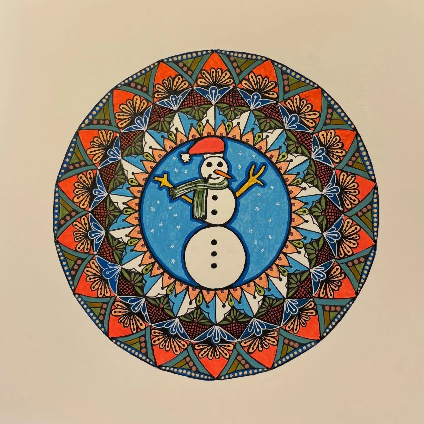 My peeps got a ton of snow in Pa. I'm finishing up my #SnowmanMandala and today feels like a good day to share him. I need to do a female snow woman next year! #femandala #InstaMandala #DailyMandala