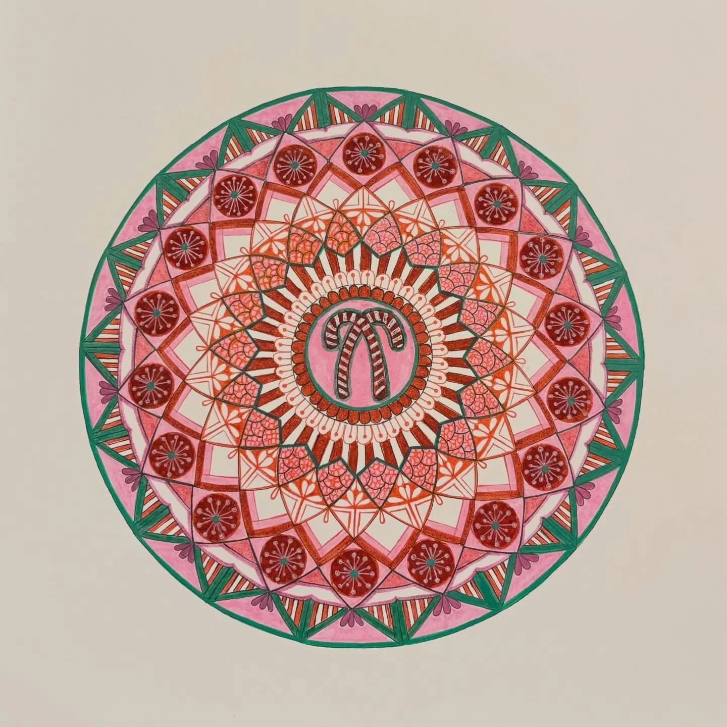 Here's another holiday drawing I'm finishing up. I want to make a full deck of message cards for the holidays next year. I love using pink and teal green together. #femandala #InstaMandala #DailyMandala #MandalaArt #MandalaPractice